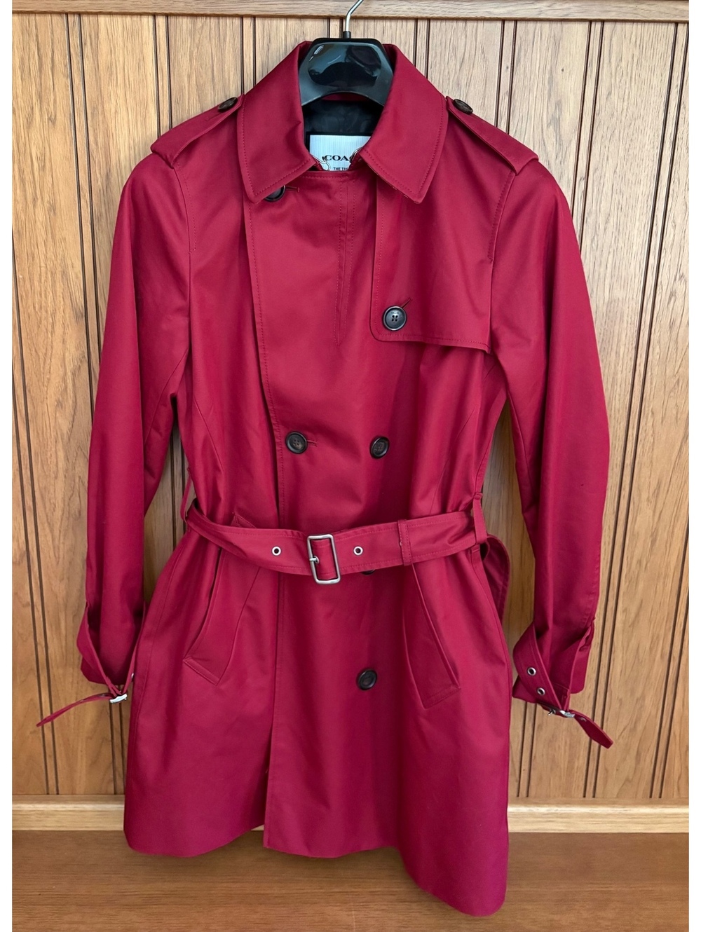 Coach Women’s Solid Mid Ruby Red Double-Breasted Belted Trench Coat Size S NWOT